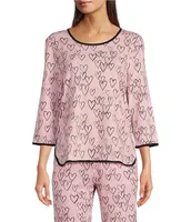 Sleep Sense Drawn Hearts Print Scoop Neck 3/4 Sleeve Knit Coordinating Top