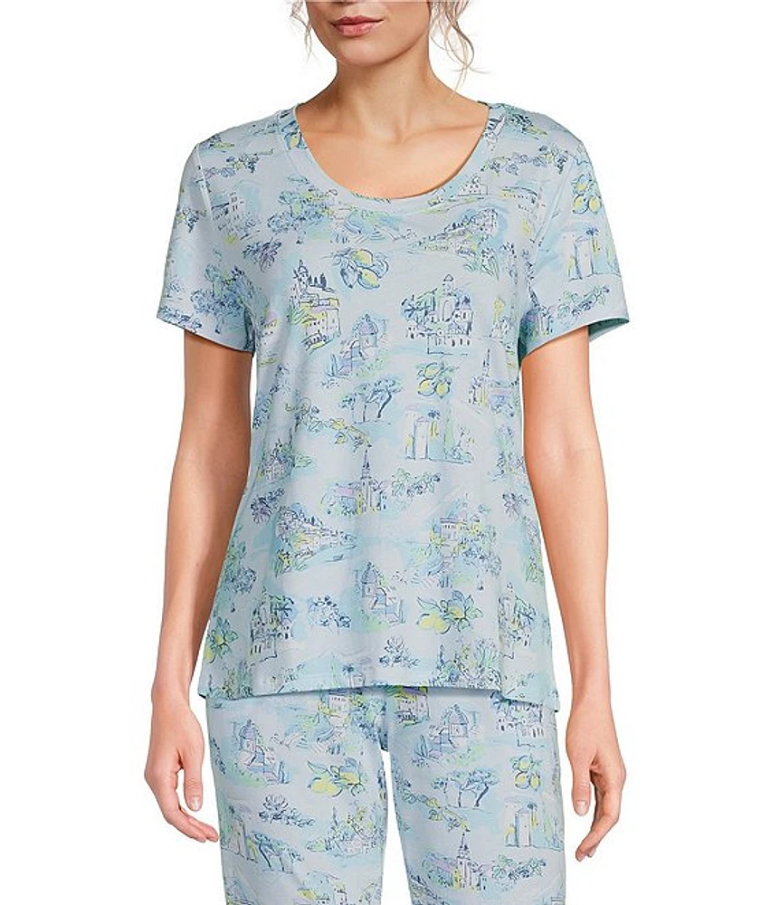 Sleep Sense Vacation Toile Print Short Sleeve Scoop Neck Coordinating Top