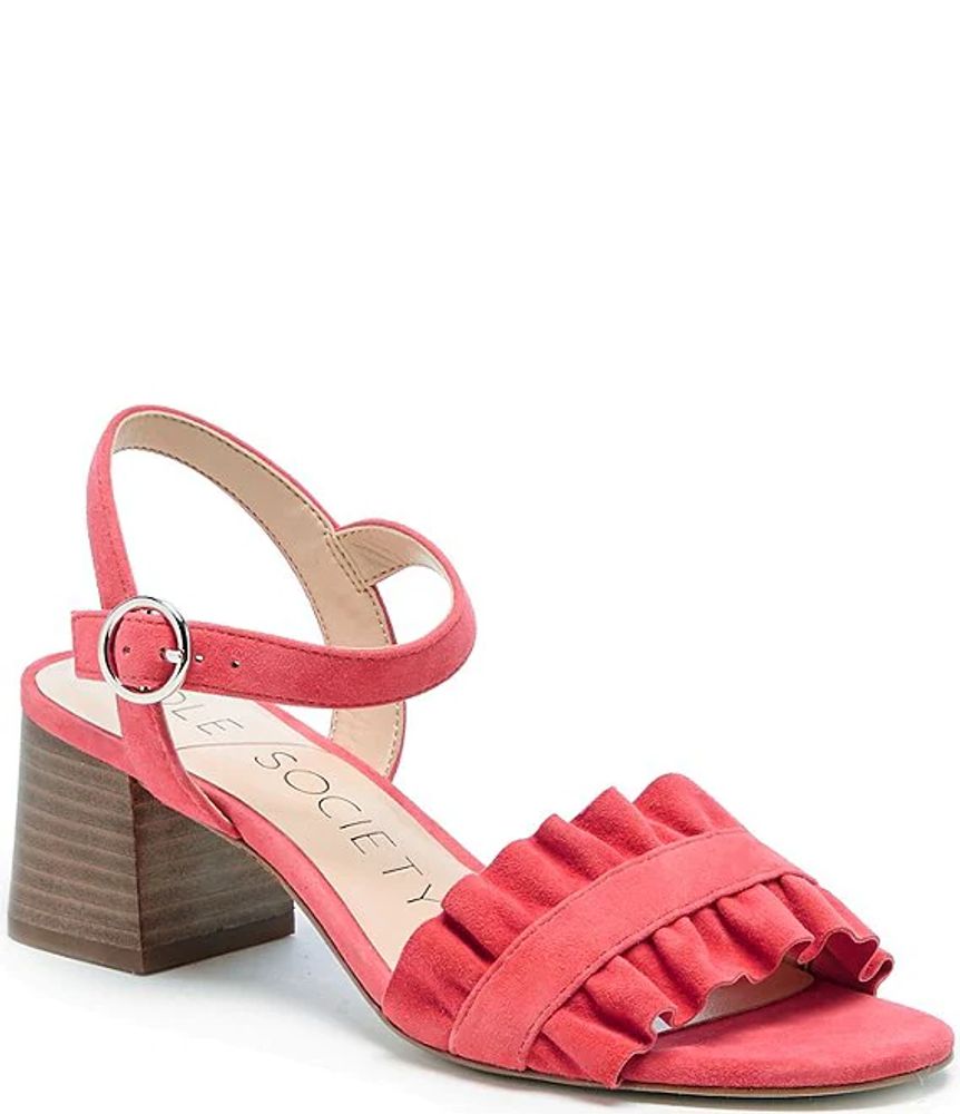 Sole Society Scyler Ruffle Suede Block Heel Sandals | Brazos Mall