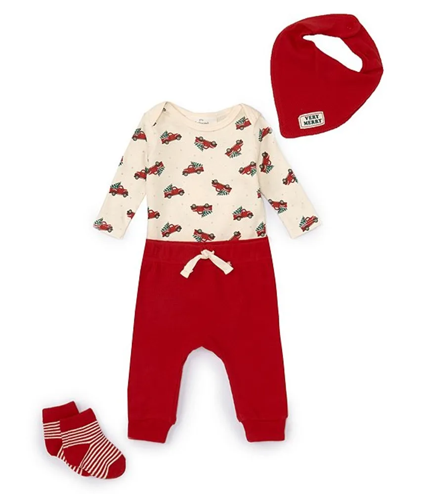 Starting Out Baby Boy Newborn-12 Months Round Neck Long Sleeve Christmas Truck Top Bandana Bib & Pant Set