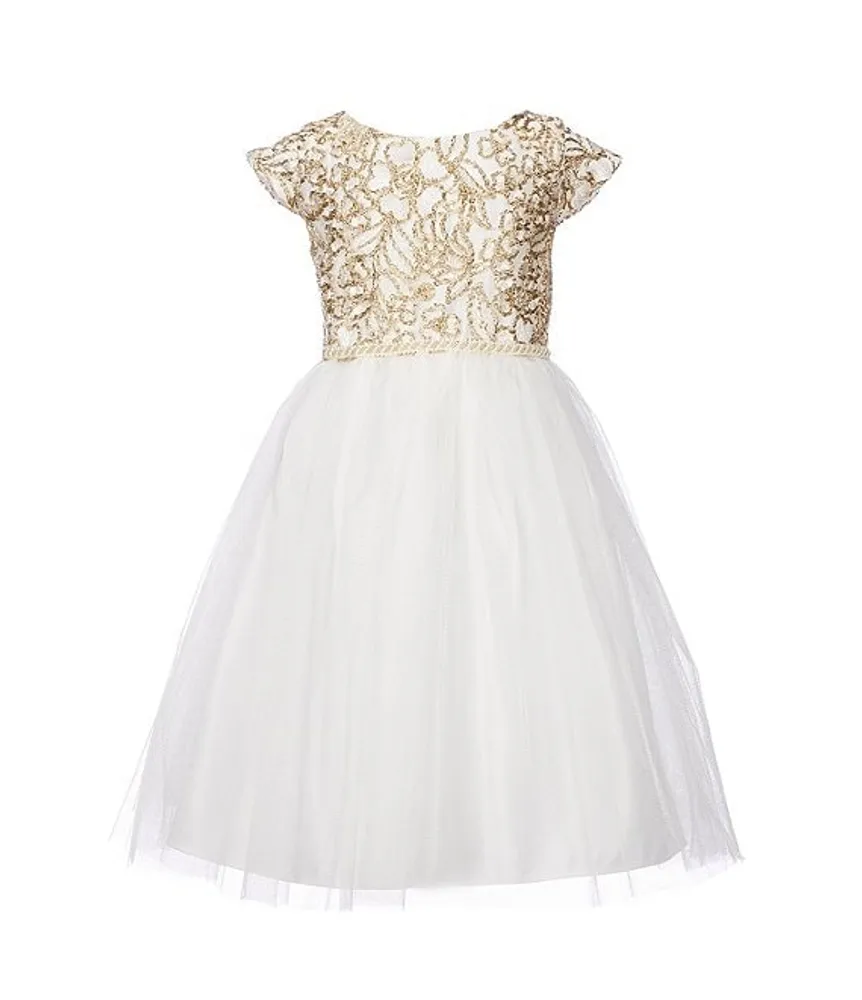 Sweet Kids Little Girls 2-6 Cap Sleeve Dull Satin Metallic Cord Embroidered Crystal Tulle Dress