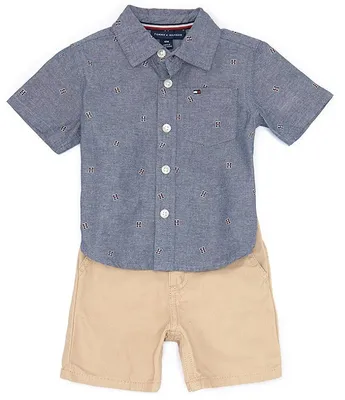 Tommy Hilfiger Baby Boys 12-24 Months Short Sleeve Patterened Woven Chambray Shirt & Solid Twill Shorts Set