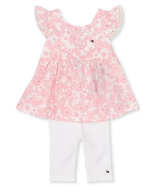 Tommy Hilfiger Baby Girls 12-24 Months Flutter Sleeve Crinkled Woven Tunic  Top & Solid Capri Leggings Set