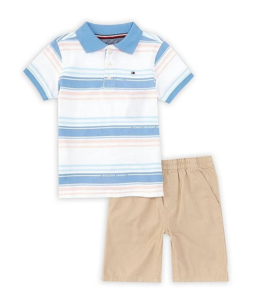 Tommy Hilfiger Little Boys 2T-4T Short Sleeve Striped Pique Polo Shirt & Solid Sueded Twill Shorts Set