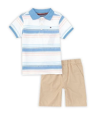 Tommy Hilfiger Little Boys 2T-4T Short Sleeve Striped Pique Polo Shirt & Solid Sueded Twill Shorts Set