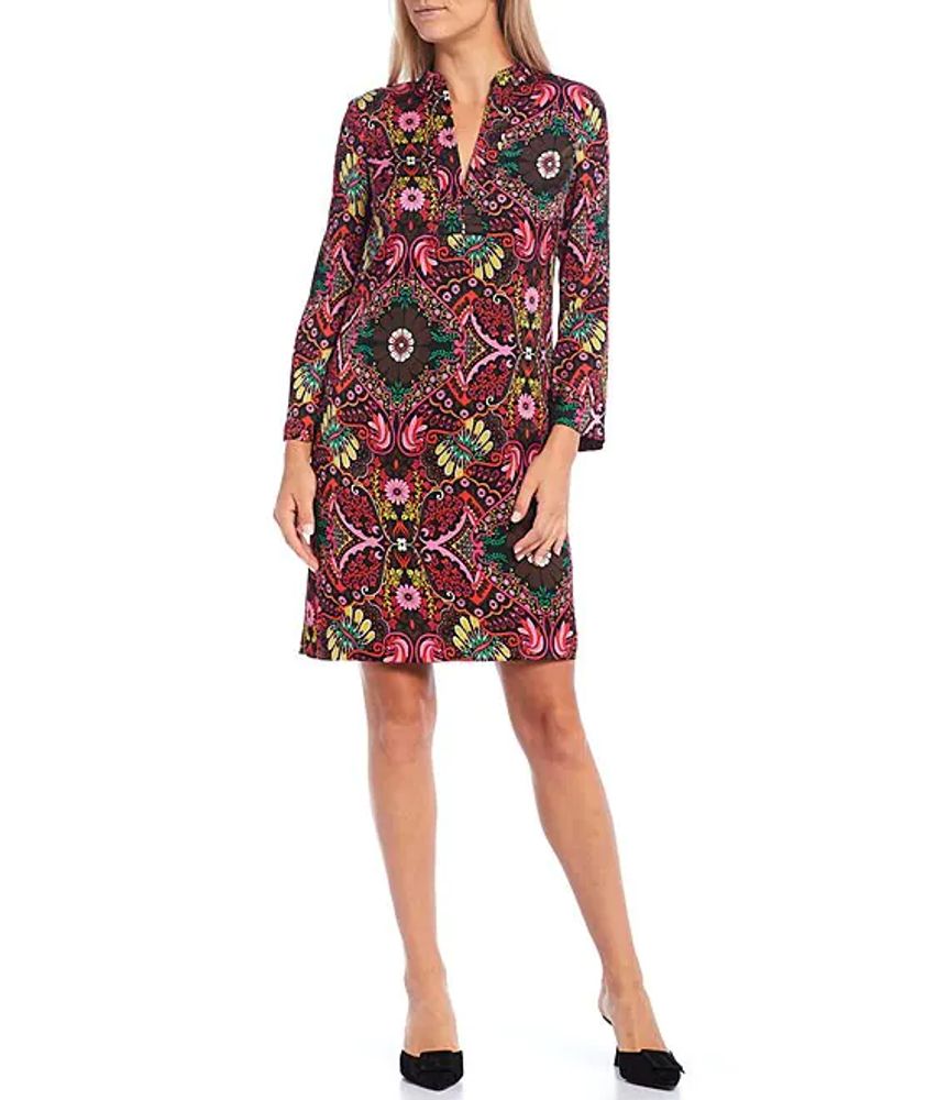 Trina Turk Christie Carpet Print V-Neck Long Sleeve Shift Dress | The Shops  at Willow Bend