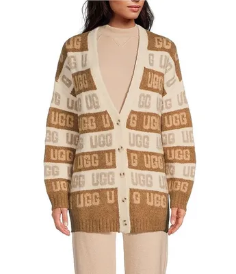 UGG Logo Wool Blend V-Neck Button Front Long Sleeve Cardigan