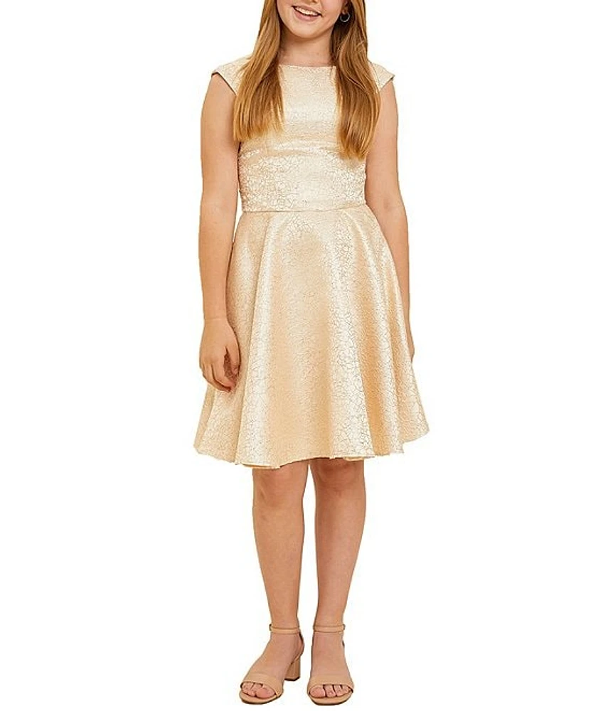 Un Deux Trois Big Girls 7-22 Cap-Sleeve Satin Jacquard Fit-And-Flare Dress