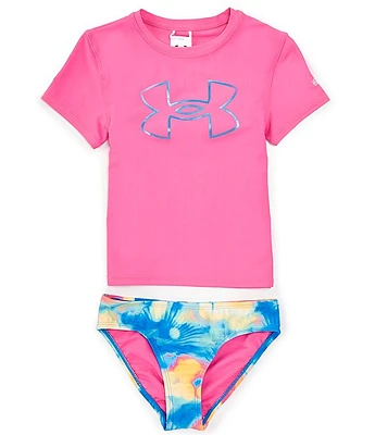 Under Armour Big Girls 7-16 Short Sleeve Icon Logo Rashguard T-Shirt & Printed Hipster Bottom Two-Piece Swimsuit