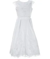 Us Angels Big Girls 7-14 Round Neck Cap Sleeve Beaded Lace Embroidery Pleated High-Low Satin Dress