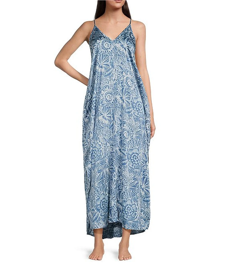 VAN WINKLE & CO. Floral Print Woven Satin Sleeveless V-Neck Maxi Chemise