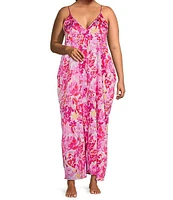 VAN WINKLE & CO. Plus Floral Print Woven Satin Sleeveless V-Neck Maxi Chemise