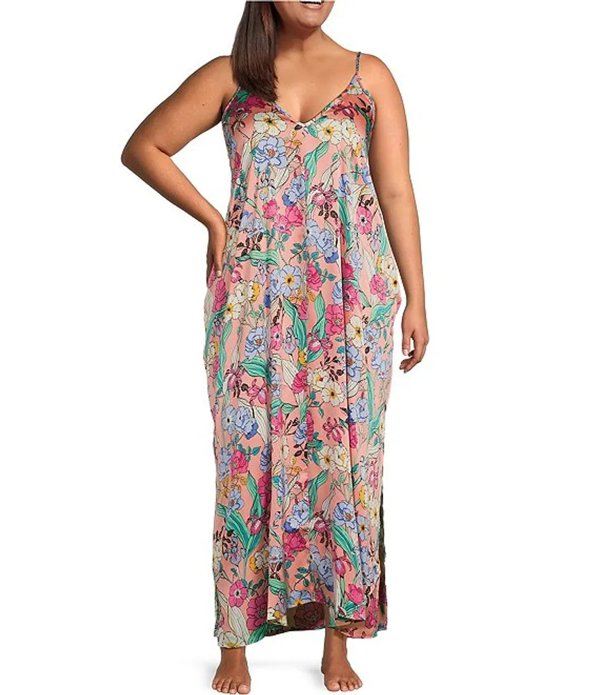 Van Winkle & Co. Plus Satin Floral Print Sleeveless V-Neck Maxi Chemise