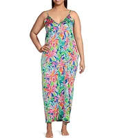 VAN WINKLE & CO. Plus Tropical Floral Print Woven Satin V-Neck Sleeveless Maxi Chemise