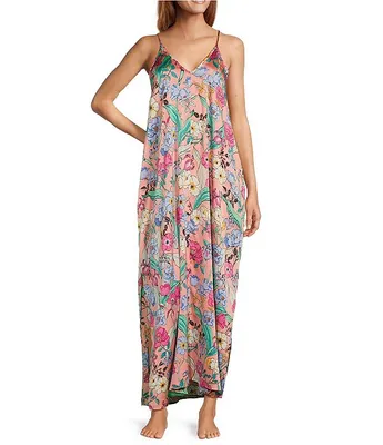 VAN WINKLE & CO. Satin Floral Print Sleeveless V-Neck Maxi Chemise