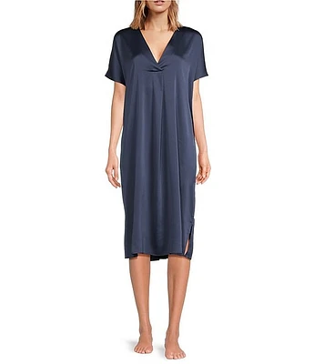 VAN WINKLE & CO. Solid V-Neck Short Dolman Sleeve Satin Midi Nightgown