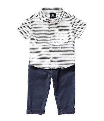 Volcom Baby Boys 12-24 Months Short Sleeve Horizontal Stripe Woven Shirt & Finished-Hem Pant Set