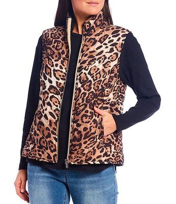 Petite Bold Leopard Quilted Stand Collar Faux Fur Lined Zip Front Vest