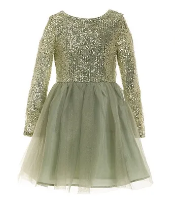 Zunie Big Girls 7-16 Long-Sleeve Sequin-Embellished/Foiled-Printed Mesh-Skirted Fit-And-Flare Dress