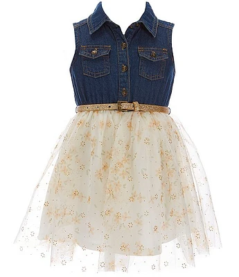Zunie Little Girls 2T-6X Sleeveless Denim-Bodice/Printed Mesh Skirted Fit-And-Flare Dress