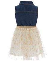 Zunie Little Girls 2T-6X Sleeveless Denim-Bodice/Printed Mesh Skirted Fit-And-Flare Dress