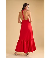 1. STATE Halter V Neck Sleeveless Maxi Sheath Dress
