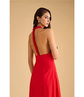 1. STATE Halter V Neck Sleeveless Maxi Sheath Dress