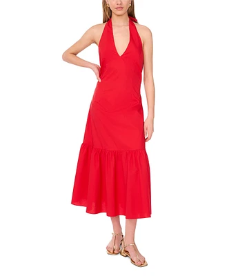 1. STATE Halter V Neck Sleeveless Maxi Sheath Dress