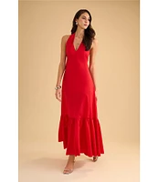 1. STATE Halter V Neck Sleeveless Maxi Sheath Dress