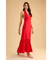 1. STATE Halter V Neck Sleeveless Maxi Sheath Dress