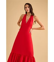 1. STATE Halter V Neck Sleeveless Maxi Sheath Dress