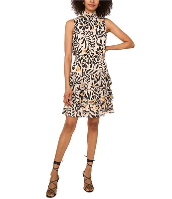 1. STATE Woven Sunflower Print Mock Neck Sleeveless Ruffle Tiered Dress
