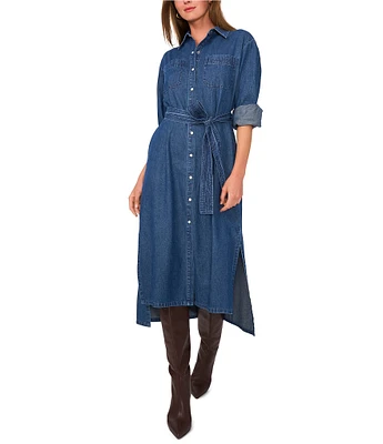 1. STATE Button Front Collared V-Neckline Long Sleeve Shirt Dress