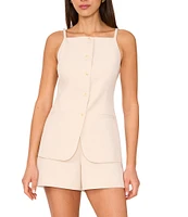 1. STATE Coordinating Linen Blend Square Neckline Sleeveless Button Front Vest