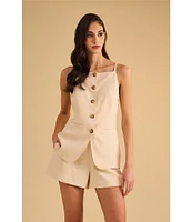 1. STATE Coordinating Linen Blend Square Neckline Sleeveless Button Front Vest