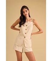 1. STATE Coordinating Linen Blend Square Neckline Sleeveless Button Front Vest
