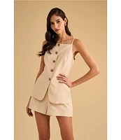 1. STATE Coordinating Linen Blend Square Neckline Sleeveless Button Front Vest