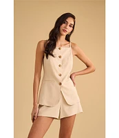 1. STATE Coordinating Linen Blend Square Neckline Sleeveless Button Front Vest