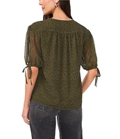 1. STATE Ditsy Floral Chiffon Split Round Short Bubble Tie Sleeve Button Front Flounce Blouse