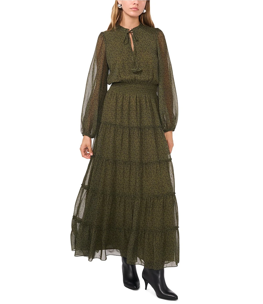 1. STATE Ditsy Floral Chiffon Split Round Tie Neck Sheer Long Blouson Sleeve Smock Waist Tiered Maxi Dress