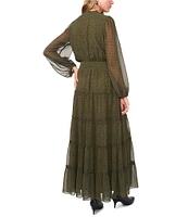 1. STATE Ditsy Floral Chiffon Split Round Tie Neck Sheer Long Blouson Sleeve Smock Waist Tiered Maxi Dress