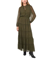 1. STATE Ditsy Floral Chiffon Split Round Tie Neck Sheer Long Blouson Sleeve Smock Waist Tiered Maxi Dress