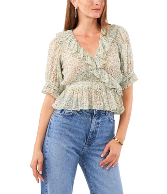 1. STATE Ditzy Floral Print Ruffle V-Neck Long Short Sleeve Side Tie Wrap Blouse