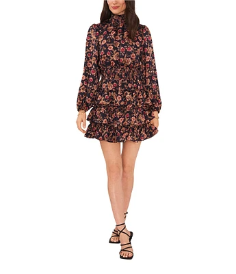 1. STATE Floral Print Long Sleeve Mock Neck Smocked Drop Waist Tiered Dress