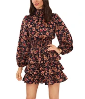 1. STATE Floral Print Long Sleeve Mock Neck Smocked Drop Waist Tiered Dress