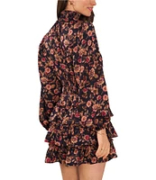 1. STATE Floral Print Long Sleeve Mock Neck Smocked Drop Waist Tiered Dress