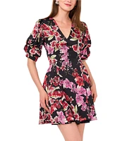 1. STATE Floral Print V-Neck Short Bubble Sleeve Mini Dress