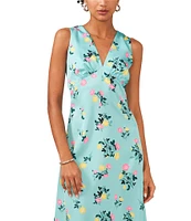 1. STATE Floral Print V-Neck Sleeveless Gathered Empire Waist Midi Dress