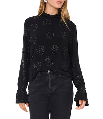 1. STATE Floral Woven Knit Jersey Mock Neck Long Sleeve Open Tie Back Blouse