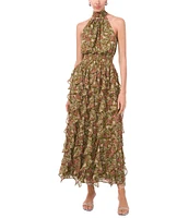 1. STATE Floral Yoryu Halter Bow Tie Neck Sleeveless Smocked Waist Running Ruffle A-Line Flounce Maxi Dress